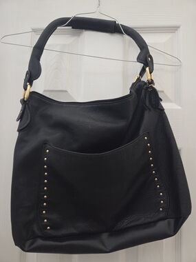 Rolfs Vintage Black Leather Stud-Trim Hobo Bag